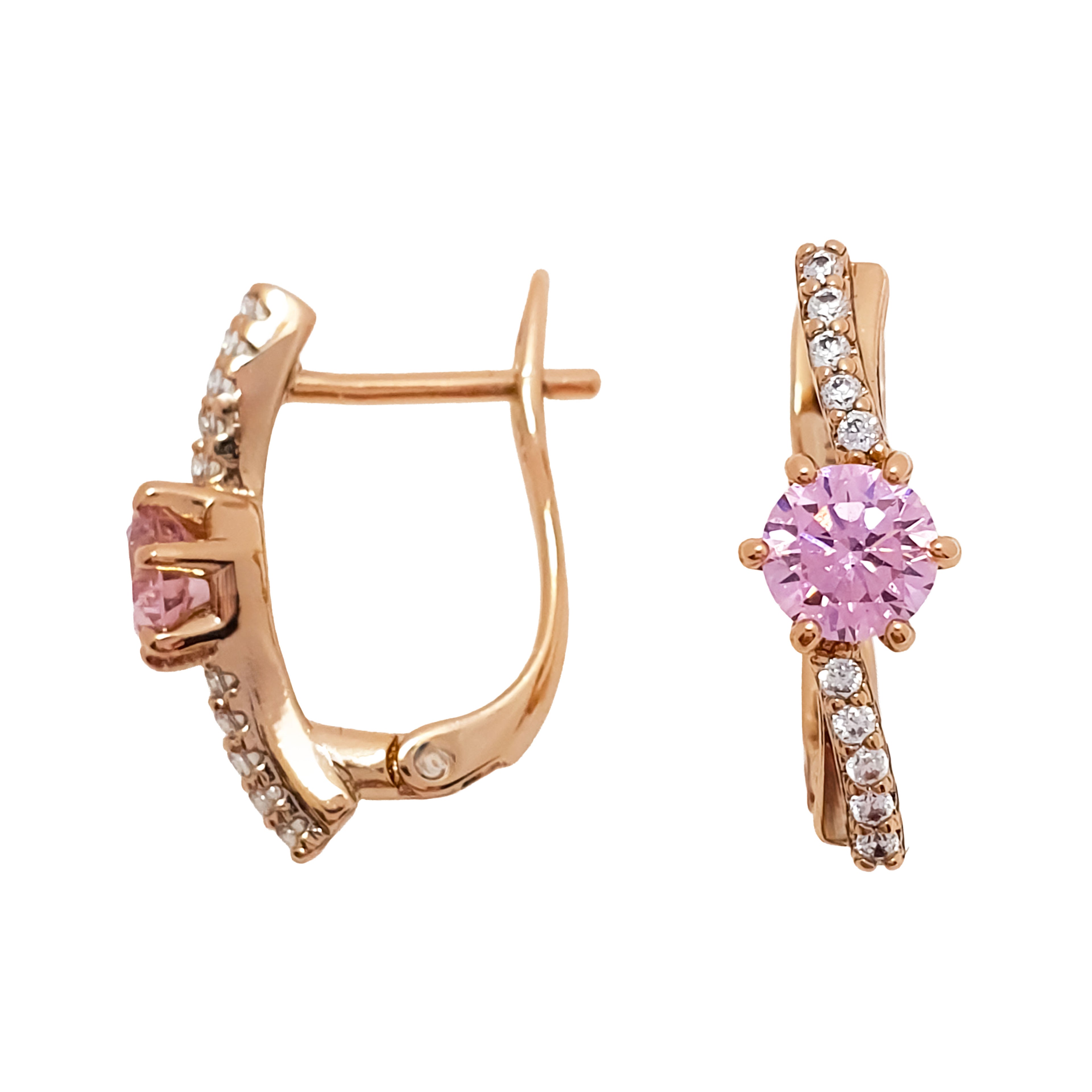 Auskari ar priekšējo rozā cirkonu un baltiem sānu akcentiem