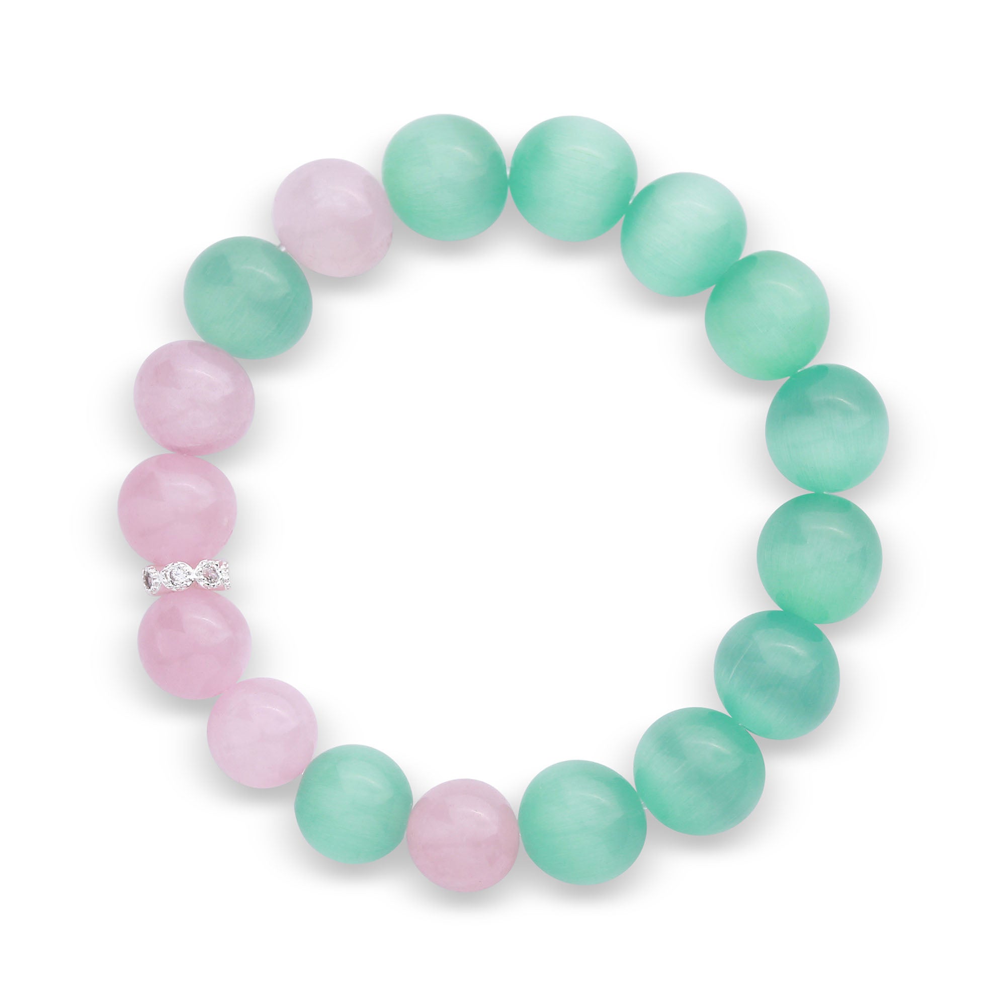 Rokassprādze ar rozā kvarca un tirkīzzila stikla lodēm