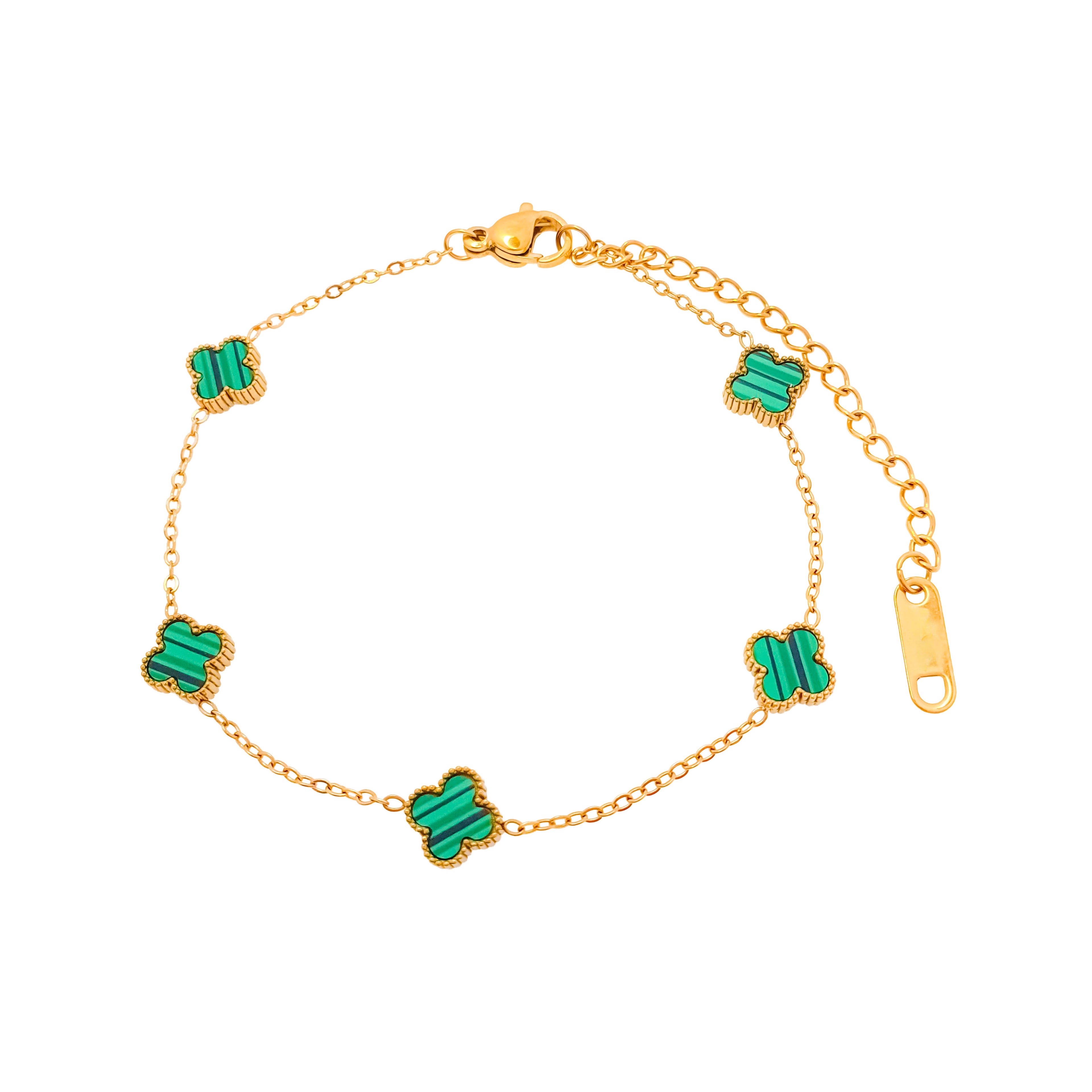 Rokassprādze ar zaļiem āboliņa formas ielaidumiem